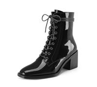 Oh Mispares Women's Chunky Heel Ankle Boots Square Toe Lace Up Block Heeled Patent Leather Short Booties Side Zipper Comfortable Fashion Boots Shoes, Black, 6 UK