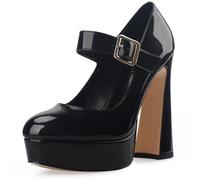Oh Mispares Women's Chunky Heel Mary Jane Pumps Closed Toe Thick Sole Platform Adjustable Ankle Strap Block High Heeled Pumps Patent Dress Casual Wedding Heels 5 Inch, Black, 6.5 UK
