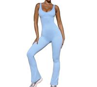 Oh Polly Full Length Bodysuit - Bo+Tee Unitards for Women with Plunge Neckline, Wide Shoulder Straps, & Micro Rib Detailing - FlexiRib & Squat-Proof Flared Jumpsuit - Powerful, Blue, L