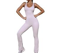 Oh Polly Full Length Bodysuit - Bo+Tee Unitards for Women with Plunge Neckline, Wide Shoulder Straps, & Micro Rib Detailing - FlexiRib & Squat-Proof Flared Jumpsuit - Powerful, Grey, L