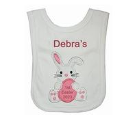 Oh Sew Simple 1st Easter Girl Bunny Personalised Bib. Handmade in the UK with embroidered name and year (White)