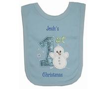 Oh Sew Simple Boys Baby Snowman Personalised 1st Christmas Bib - Embroidered with the name of your choice (11 Letters Max) (Blue Bib)