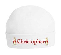 Oh Sew Simple Boys Red Coat Baby Rabbit Personalised 100% Double Layered Cotton Baby Hat - Printed with Name (0-3 Months)