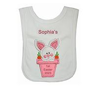 Oh Sew Simple Girls First Easter Flowerpot Bunny Personalised Bib with embroidered name and year