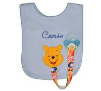 Oh Sew Simple Little Bear Personalised Bib with Dummy Clip & Dummy, Individually Handmade in the UK with embroidered name. (BLUE)