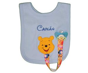 Oh Sew Simple Little Bear Personalised Bib with Dummy Clip & Dummy, Individually Handmade in the UK with embroidered name. (BLUE)