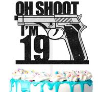 OH Shoot cake topper 19th birthday happy pistol decorations, fun 19th birthday party, 19 anniversary party black glitter decorations, great party decoration supplies. (19th)