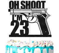 OH Shoot cake topper 23rd birthday happy pistol decorations, fun 23rd birthday party, 23 anniversary party black glitter decorations, great party decoration supplies. (23rd)