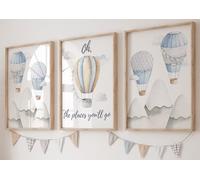 Oh The Places You Will Go Set of 3 Unframed Poster Prints For Baby Boy Girl Nursery, Whimsical Hot Air Balloons And Mountains Wall Art, Neutral Nursery Decor, New Baby Gift Present (A3)