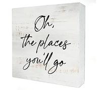 Oh the Places You'll Go Wood Box Sign Home Decor Rustic Nursery Quote Wooden Box Sign Block Plaque for Wall Tabletop Desk Home Nursery Decoration 5x5 Inch