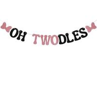 Oh Twodles Banner - Cheer to 2 Years, Happy 2nd Birthday Party Decor for Girls, Cartoon Mouse Theme 2nd Birthday Party Decorations Supplies Rose Gold & Black Glitter