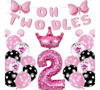 Oh Twodles Pink 2nd Birthday Party Decorations - Pink Mouse Party Decorations, Banner, Bow Foil Balloons, Latex Balloons for Girls Coquette Supplies