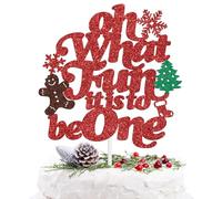 Oh What Fun It's to be One Cake Topper, Our Little Snowflake is One, Winter Xmas Christmas Theme Baby First Birthday 1st Bday Party Decorations Supplies, Red Glitter