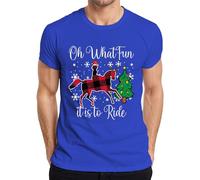 Oh What Fun Tis to Ride Christmas Horse Reindeer Buffalo Plaid Men's T-Shirt, blue, M