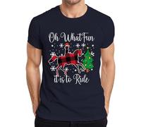 Oh What Fun Tis to Ride Christmas Horse Reindeer Buffalo Plaid Men's T-Shirt, navy, XL