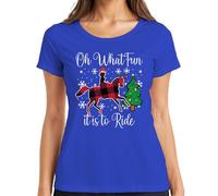 Oh What Fun Tis to Ride Christmas Horse Reindeer Buffalo Plaid Women's T-Shirt, blue, M