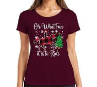 Oh What Fun Tis to Ride Christmas Horse Reindeer Buffalo Plaid Women's T-Shirt, burgundy, 3XL