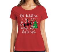 Oh What Fun Tis to Ride Christmas Horse Reindeer Buffalo Plaid Women's T-Shirt, red, S