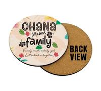 "Ohana Means Family" Design - Inspirational Quote with Tropical Flowers & Leaves, Drink Coaster (Round Coaster MDF)