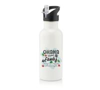 Ohana Means Family Design - Inspirational Quote with Tropical Flowers & Leaves, Stainless Steel 600ml Water Bottle with Straw. (White)