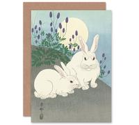 Ohara Koson Rabbits Full Moon Japanese Woodcut Fine Art Greeting Card Plus Envelope Blank Inside