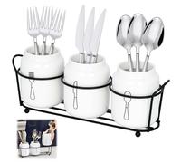 ohbien 3 Pcs Kitchen Utensil Holder Ceramic with Metal Rack, Cutlery Caddy Holder for Countertop Utensil Storagae Holder for Forks Spoons Knives Silverware Holder for Kitchen Parties