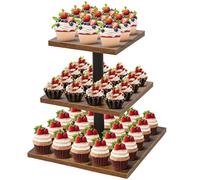 ohbien 3 Tier Wood Cupcake Stand, Square Tiered Cupcake Tower with Non-slip Pads Durable Dessert Tree Tower for Birthday Home Party Wedding Afternoon Tea Party