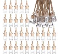 ohbien 30Pcs 8ml Hanging Car Air Freshener Diffuser Empty, Cylindrical Car Air Freshener Perfume Bottle with Wooden Caps Clear Glass Essential Oil Diffuser Bottle for Home Office Perfume Decor