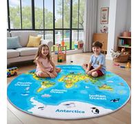 OHDS Kids Playroom Rug, 4x4ft Round World Map Play Mat with Cute Animals, Washable Durable Soft Carpet Kid Educational Rugs for Boys Girls Bedroom Nursery Classroom