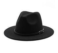OHEETU Classic Unisex Fedora Hat Black Wide Brim Felt Panama Jazz Cap with Adjustable Belt Buckle (56-58cm)