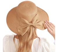 OHEETU Womens Travel Foldable Beachwear Sun Hat Straw Hat UPF 50+ Floppy Garden Hat Lightweight Packable Beach Sun Hat Wide Brim Cap with Big Bowknot Khaki