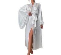 OHERUWKLS Women Satin Long Nightdress Floral Lace Bell Sleeves Tie Front Wedding Robe Cover Up,White,M