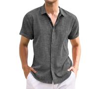 Oheyeseker Mens Casual Linen Shirt Solid Short Sleeve Button Down Shirts Turn-up Collar Clothes Tops(Grey，2X-Large