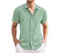 Oheyeseker Mens Casual Linen Shirt Solid Short Sleeve Button Down Shirts Turn-up Collar Clothes Tops(Matcha，2X-Large