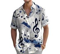 Oheyeseker Men's Music Shirts Vintage Button Down Short Sleeve Hawaiian Shirt Print Casual Beach Shirt for Adult Music White A M