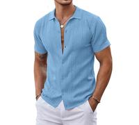 Oheyeseker Men's Short Sleeve Button Down Shirts Knit Textured Polo Shirt Casual Summer Beach Vacation Tops(Blue,L)