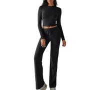 Oheyeseker Two Piece Lounge Sets for Women,Long Sleeve Tops Drawstring Wide Leg Flare Pants,Comfy Tracksuit Matching Set (UK, Alpha, M, Regular, Regular, Black)