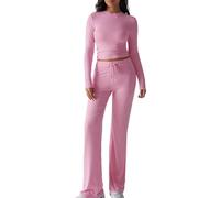 Oheyeseker Two Piece Lounge Sets for Women,Long Sleeve Tops Drawstring Wide Leg Flare Pants,Comfy Tracksuit Matching Set (UK, Alpha, S, Regular, Regular, Pink)