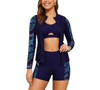 Oheyeseker Women's 3 Piece Rash Guard Set Long Sleeve Swimsuits Removable Pads Zip Up Swim Shirts with Boyshorts Dark Blue