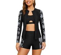 Oheyeseker Women's 3 Piece Rash Guard Set Long Sleeve Swimsuits Removable Pads Zip Up Swim Shirts with Boyshorts