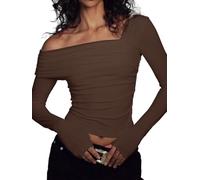 Oheyeseker Women's Off The Shoulder Crop Tops Mesh Long Sleeve Shirt Double Lined Ruched Tight Casual Going Out Y2k Top (Brown, Small)