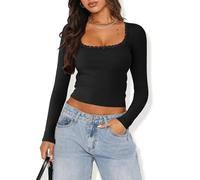 Oheyeseker Womens Square Neck T Shirts Long Sleeve Tops Lace Ribbed Slim Fitted Tees Casual Basic Top(XL, Black)