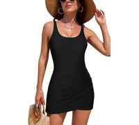 Oheyeseker Women's U Neck Ruched Swim Dresses Tummy Control Bulit-in Bottom Adjustable Strap Bathing Suits (X-Large,Black)