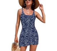 Oheyeseker Women's U Neck Ruched Swim Dresses Tummy Control Bulit-in Bottom Adjustable Strap Bathing Suits (X-Large,Blue+White+Black)
