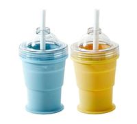 ohfruit Ice Ball Cup, 2-in-1 Collapsible Silicone, Foldable Easy Demolding - Sphere Ice Cubes for Whiskey Cocktails Coffee Juice, with Straw and Lid Blue & Yellow