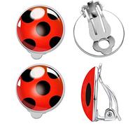 OHINGLT Ladybug Clip on Earrings for Woman Silver Ear Cuff Black Spot Red Ladybug Earring, 0.59in, Metal, crystal