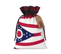 Ohio State Flag Print Festive Plaid Gift Bag, Candy Bag, Drawstring Burlap Pouch For Holiday Presents Favor-M