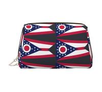 Ohio State Flag Print Premium Leather Toiletry Travel Pouch with Waterproof Portable Pouch Open Flat Makeup Bag
