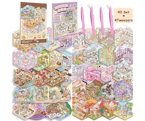 OHiZVZV 40 Sets DIY 3D House Stickers Kit with 4 Tweezers, Massive Collection Reusable Miniature Scene Stickers, Sticker Therapy, Creative Group Activities for Adults Kids Girls Boys Teens