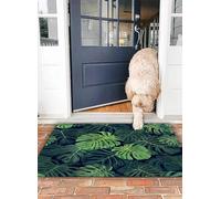 OHJEAJDS Bath Mat 16x24 in,Non-Slip Washable Bathroom Mat,Extra Soft and Absorbent Bath Mats for Bathroom Floor,Tub,Shower,tropical pattern with green monstera palm leaves on dark background.